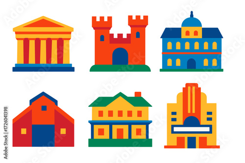 Historical Landmark Icons. Flat vector icons of historical landmarks: ancient temple, medieval castle, renaissance palace;
