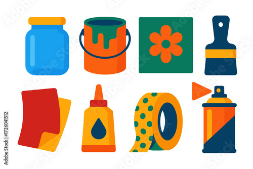 Upcycling Decor Icons. Flat vector icons of upcycling home decor: glass jar, paint can, stencil, brush, sandpaper, adhesive,