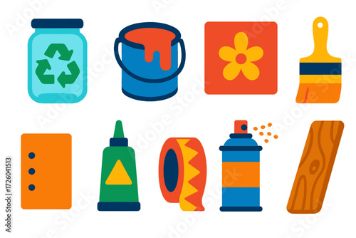 Upcycling Decor Icons. Flat vector icons of upcycling home decor: glass jar, paint can, stencil, brush, sandpaper, adhesive,