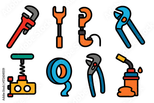 Colorful Plumbing Icons. Flat vector icons of plumbing tools: pipe wrench, basin wrench, pipe cutter, plumber’s snake, Teflon tape