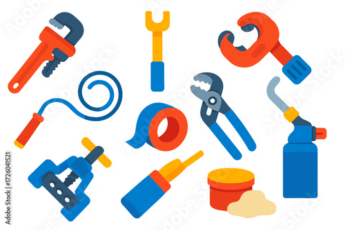 Colorful Plumbing Icons. Flat vector icons of plumbing tools: pipe wrench, basin wrench, pipe cutter, plumber’s snake, Teflon tape
