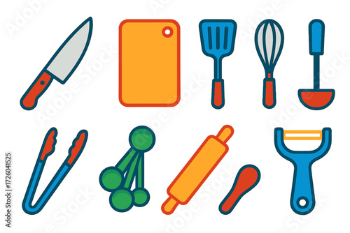 Colorful Cooking Icons. Flat vector icons of cooking utensils: chef’s knife, cutting board, spatula, whisk, ladle, tongs,