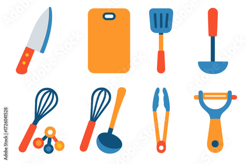 Colorful Cooking Icons. Flat vector icons of cooking utensils: chef’s knife, cutting board, spatula, whisk, ladle, tongs,