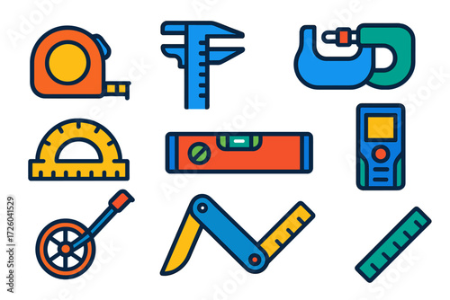 Colorful Measuring Tools. Flat vector icons of measuring instruments: tape measure, caliper, micrometer, protractor, spirit level,