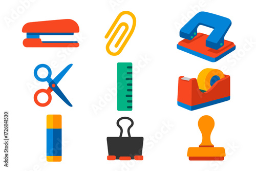Vibrant Office Icons. Flat vector icons of office stationery tools: stapler, paper clip, hole punch, scissors, ruler, tape