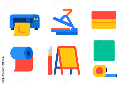 Signage Tools Icons. Flat vector icons of signage making tools: vinyl cutter, heat press, squeegee, cutting mat, transfer tape,