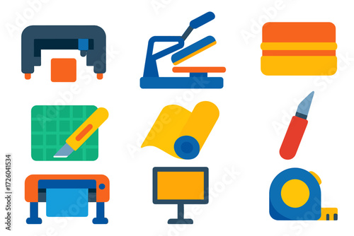 Signage Tools Icons. Flat vector icons of signage making tools: vinyl cutter, heat press, squeegee, cutting mat, transfer tape,