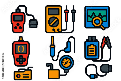 Diagnostic Tool Icons. Flat vector icons of diagnostic tools: OBD scanner, multimeter, scan software icon, code reader, test light