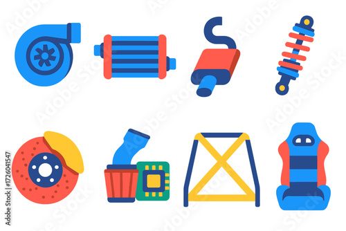 Performance Parts Icons. Flat vector icons of performance parts: turbocharger, intercooler, performance exhaust, sport suspension,