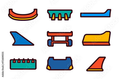 Aerodynamic Parts Icons. Flat vector icons of aerodynamic parts: front splitter, rear diffuser, side skirt, rear wing, canard, air