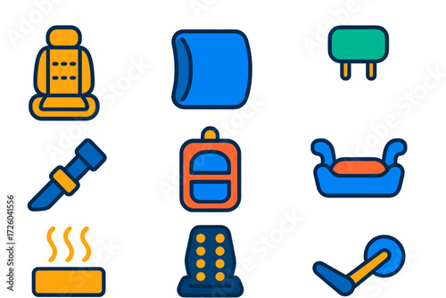 Vibrant Car Seat Icons. Flat vector icons of seating accessories: seat cover, lumbar support cushion, headrest, seat belt adjuster