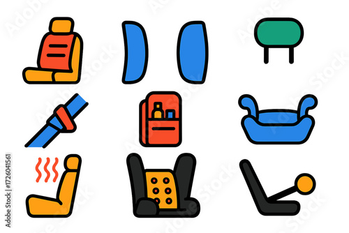 Vibrant Car Seat Icons. Flat vector icons of seating accessories: seat cover, lumbar support cushion, headrest, seat belt adjuster