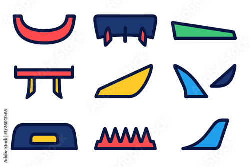 Aerodynamic Parts Icons. Flat vector icons of aerodynamic parts: front splitter, rear diffuser, side skirt, rear wing, canard, air