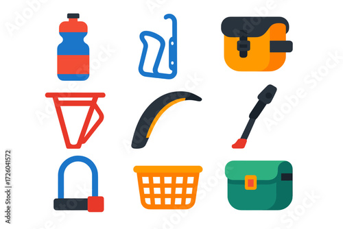 Bike Accessories Icons. Flat vector icons of bike accessories: water bottle, bottle cage, saddle bag, pannier rack, fender,