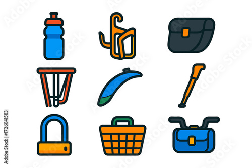 Bike Accessories Icons. Flat vector icons of bike accessories: water bottle, bottle cage, saddle bag, pannier rack, fender,