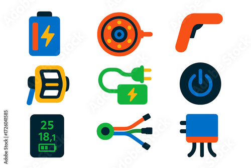 Electric Bike Icons. Flat vector icons of electric bike features: battery pack, motor hub, throttle, pedal assist, charger, power