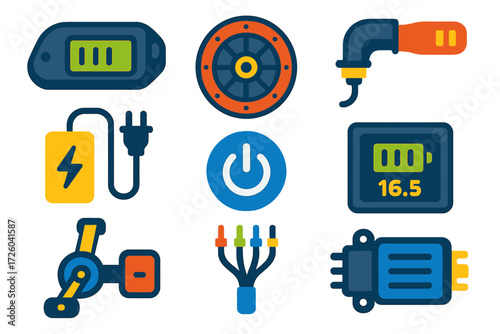 Electric Bike Icons. Flat vector icons of electric bike features: battery pack, motor hub, throttle, pedal assist, charger, power
