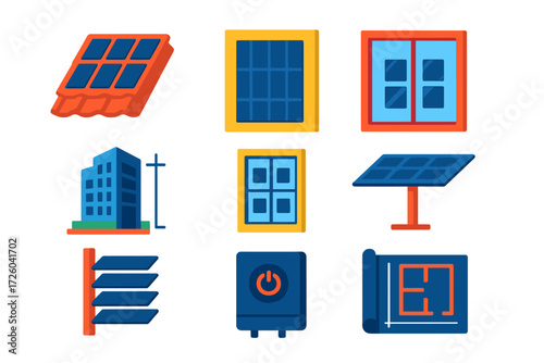 Building-Integrated Solar Icons. Flat vector icons of building-integrated solar: solar roof tile, solar facade panel,