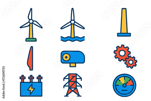 Vibrant Wind Power Icons. Flat vector icons of wind power plants: onshore wind turbine, offshore wind turbine, turbine tower,