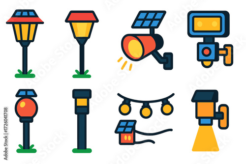Solar Lighting Icons. Flat vector icons of solar-powered lighting: garden lamp, pathway light, spot floodlight, security