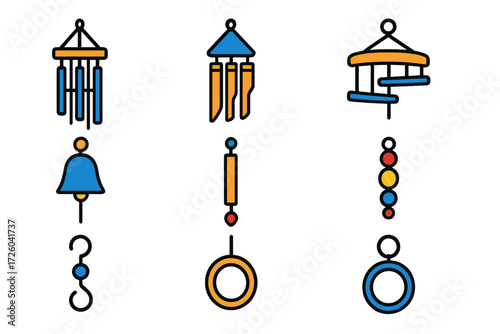 Vibrant Wind Chime Icons. Flat vector icons of wind chimes and décor: metal chime, bamboo chime, wooden mobile, hanging bell, tone