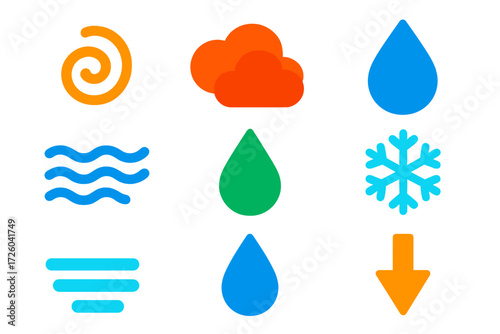 Water Cycle Icons. Flat vector icons of water cycle stages: evaporation swirl, cloud cluster, raindrop, river stream, groundwater