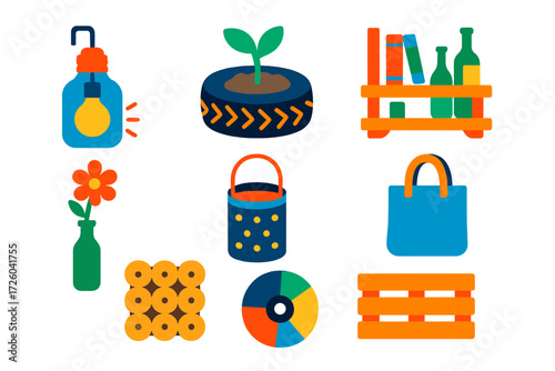 Upcycled Crafts Icons. Flat vector icons of upcycling crafts: glass jar lamp, tire planter, pallet shelf, bottle vase, tin can