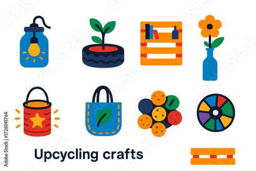 Upcycled Crafts Icons. Flat vector icons of upcycling crafts: glass jar lamp, tire planter, pallet shelf, bottle vase, tin can