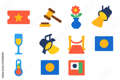 Bold Fundraising Icons. Flat vector icons of fundraising events: gala ticket, auction hammer, centerpiece vase, champagne glass,