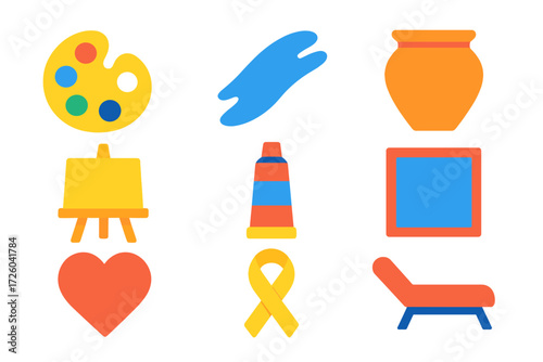 Art Therapy Icons. Flat vector icons of art therapy: paint palette, brush stroke, clay pot, easel, paint tube, canvas, heart icon,