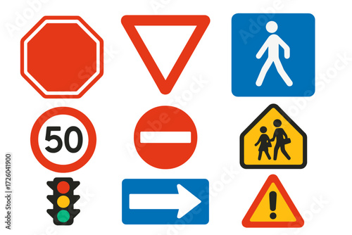 Vibrant Road Signs. Flat vector icons of road safety signs: stop sign, yield sign, pedestrian crossing, speed limit sign, no entry