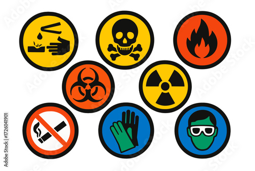 Chemical Safety Icons. Flat vector icons of chemical safety signs: corrosive symbol, toxic symbol, flammable symbol, oxidizer