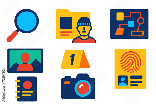 Detective Icon Set. Flat vector icons of detective work: magnifying glass, case file, suspect sketch, surveillance photo, clue