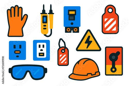 Electrical Safety Icons. Flat vector icons of electrical safety tools: insulated gloves, voltage tester, circuit breaker, lockout