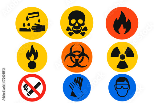 Chemical Safety Icons. Flat vector icons of chemical safety signs: corrosive symbol, toxic symbol, flammable symbol, oxidizer