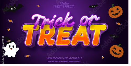 Trick or Treat Halloween text effect with glowing purple and orange letters and festive spooky icons vector design