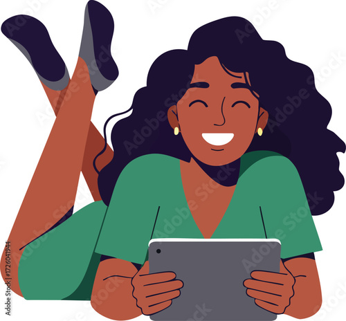 Young woman lying on stomach using digital tablet with happy expression and casual green outfit vector illustration 