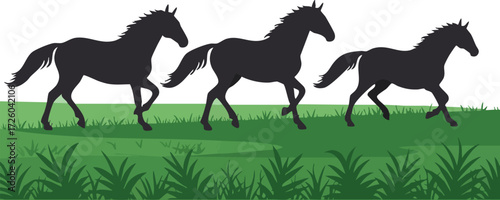 Silhouettes of three running horses on green grass field vector illustration in natural style 