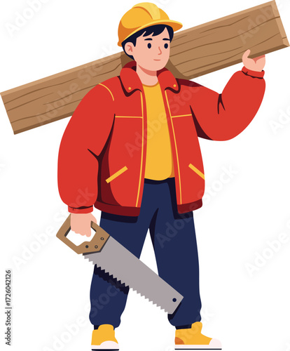 Construction worker carrying wooden plank and hand saw in red jacket and yellow helmet vector illustration 