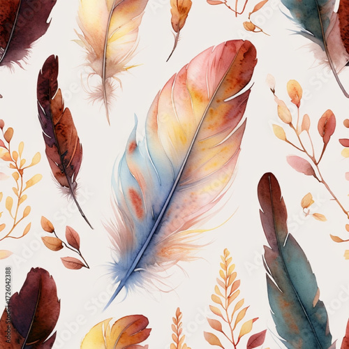 A calming watercolor pattern of bird feathers and leaves in warm tones.