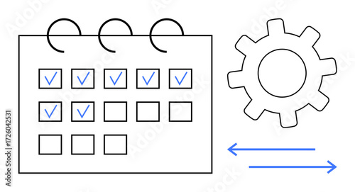 Calendar with checkmarks representing task completion, gear symbolizing process automation, and arrows indicating workflow. Ideal for productivity, planning, management, automation, organization