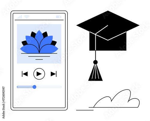 Smartphone screen with audio player, graduation cap, abstract cloud, and lotus flower symbol. Ideal for education, e-learning, knowledge, self-improvement technology innovation self-growth. Simple