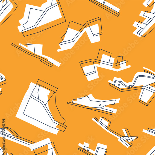 A cheerful vector seamless pattern featuring bold graphic women's shoes against a sunny yellow background. This vibrant and chic design is ideal for fashion fabrics, stylish packaging, or blog headers
