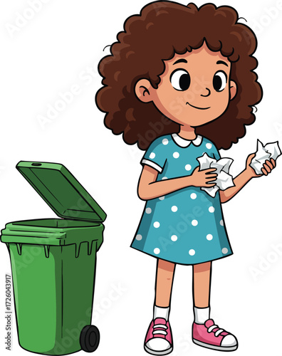 Child girl recycling paper waste near green trash bin for environment care and cleanliness awareness vector illustration 