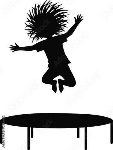 Child jumping on trampoline silhouette vector illustration with hair flying in air energetic playtime activity 