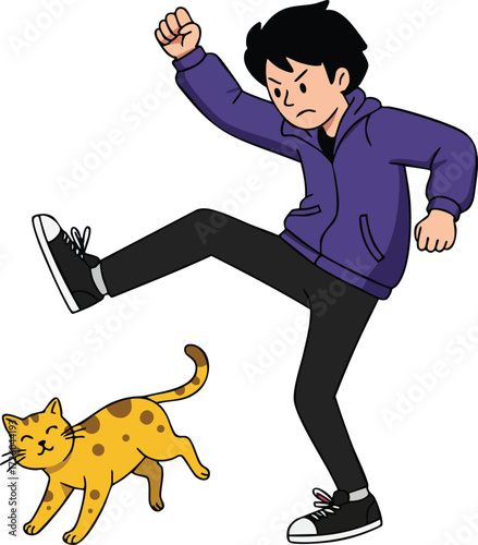 Young person in purple jacket kicking unhappy orange cat with spots vector illustration 
