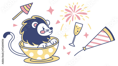SVG art: A Bashful Lion in a New Year celebration vibe with sitting in a teacup ride, tinted with Midnight Sparkle tones