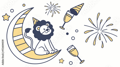 Delightful Bashful Lion in a New Year celebration scene with sitting on a moon – Midnight Sparkle vector illustration