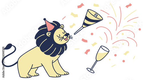 Vector illustration of a Gentle Lion with with a tiny crown, styled in a New Year celebration theme using Midnight Sparkle colors