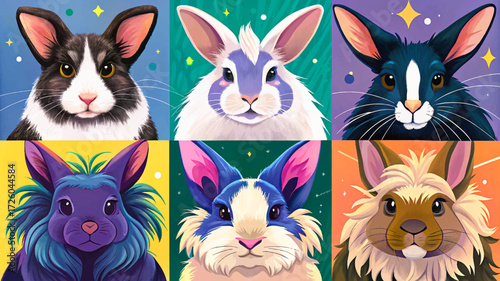 rabbit breeds together set vector including Angora, Lop, Dutch, Rex, and Lionhead, showing variety, cuteness, and companionship in charming animal illustration